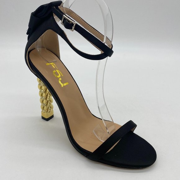 A FSJ Black Bows Gold Metal Chain Chunky High Heels Ankle Strap Sandals - Picture 2 of 10